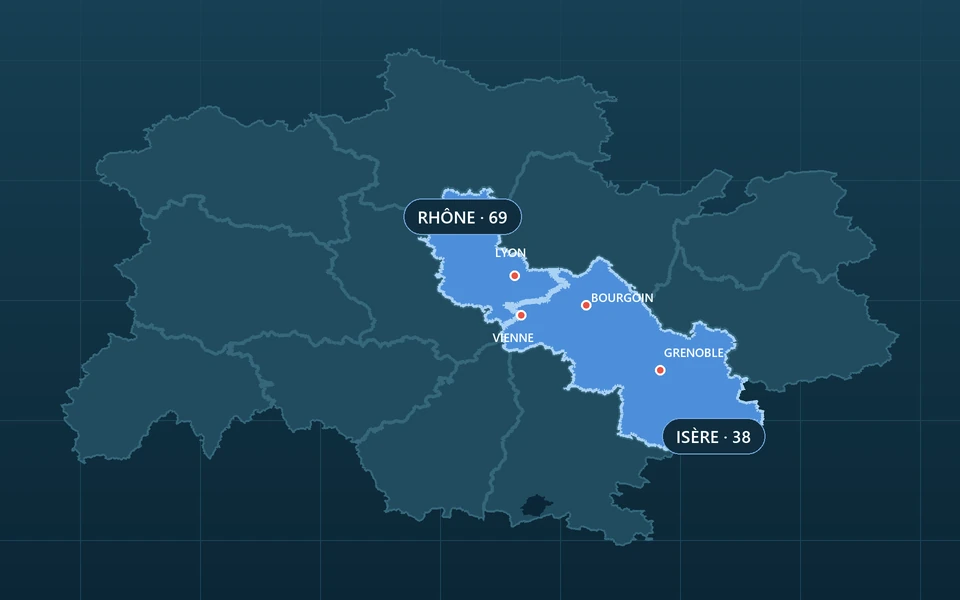 Carte stylisée des zones prioritaires Rhône et Isère avec Lyon, Vienne, Bourgoin-Jallieu et Grenoble