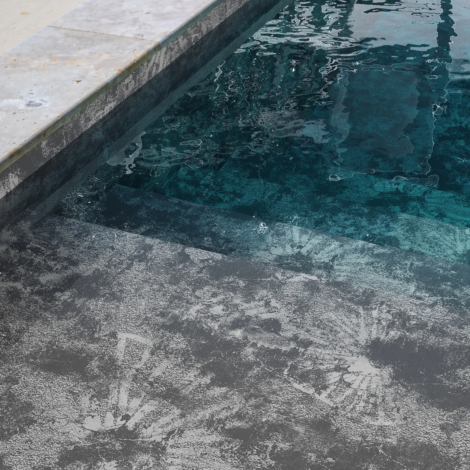 Marches de piscine avec membrane armée BWT Be BRANE 3D Surface Coral Reef Grey, effet corail gris anthracite tacheté et eau bleu profond