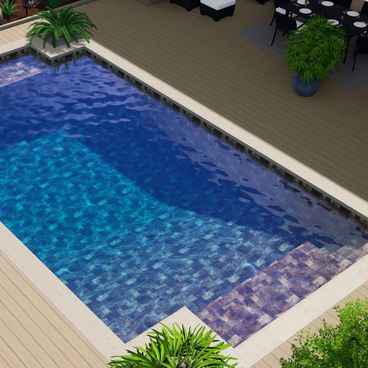 Vue aérienne d’une piscine avec membrane armée BWT Be BRANE 3D Surface Flagstone Sunlit, marches en dalles beige et brun et bassin bleu profond sur terrasse en bois