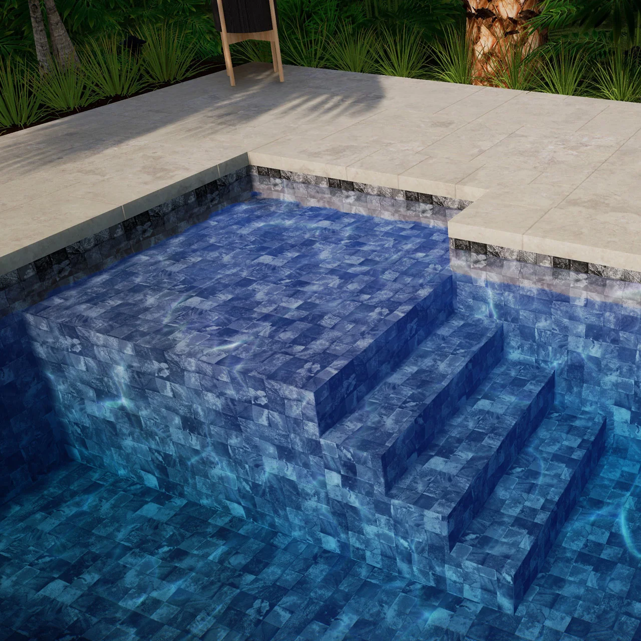 Marches de piscine avec membrane armée BWT Be BRANE 3D Surface Mosaic Grey, effet mosaïque marbrée sous l’eau bleu profond dans un jardin tropical