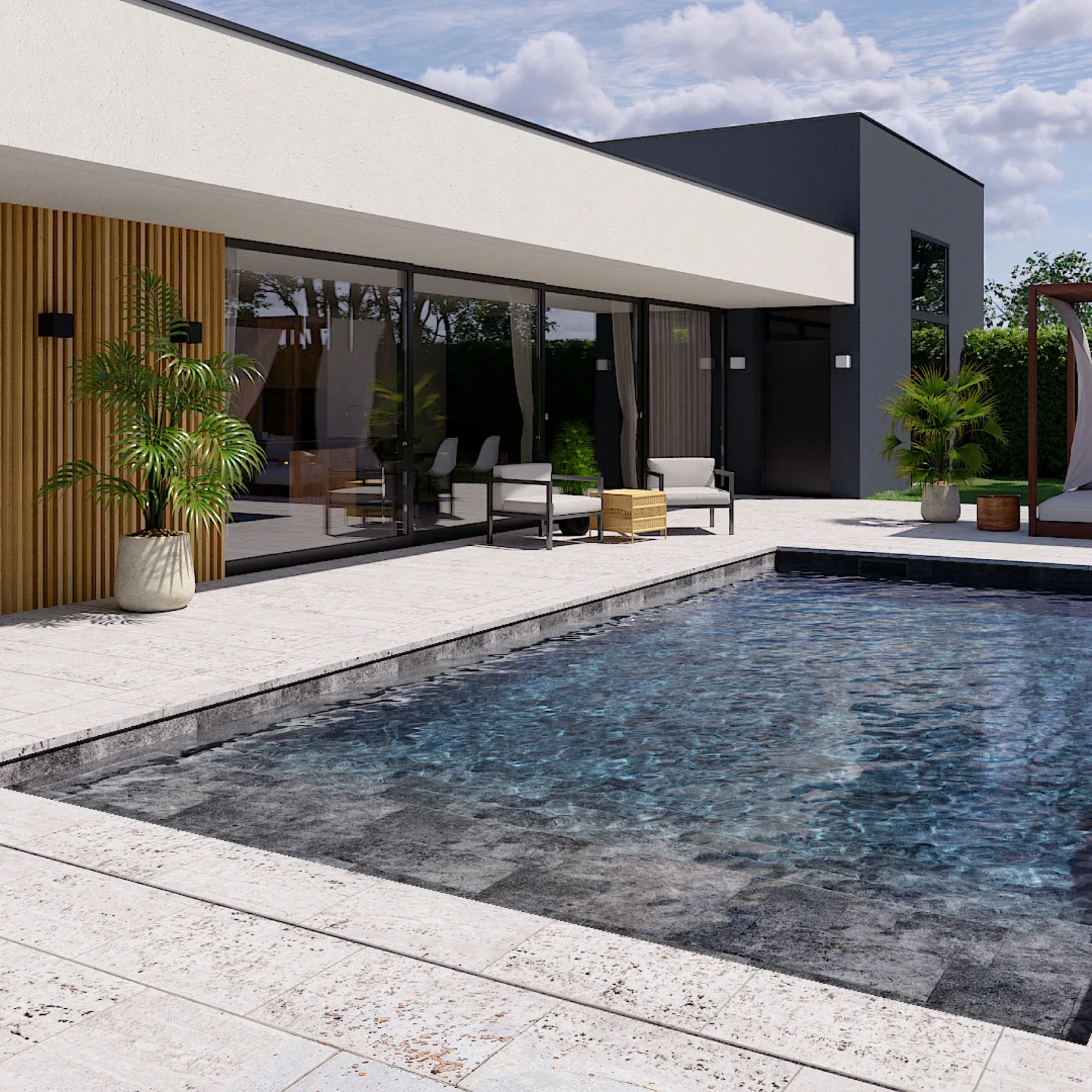 Piscine avec membrane armée BWT Be BRANE 3D Surface Natural Grey, effet pierre grise naturelle devant une villa contemporaine