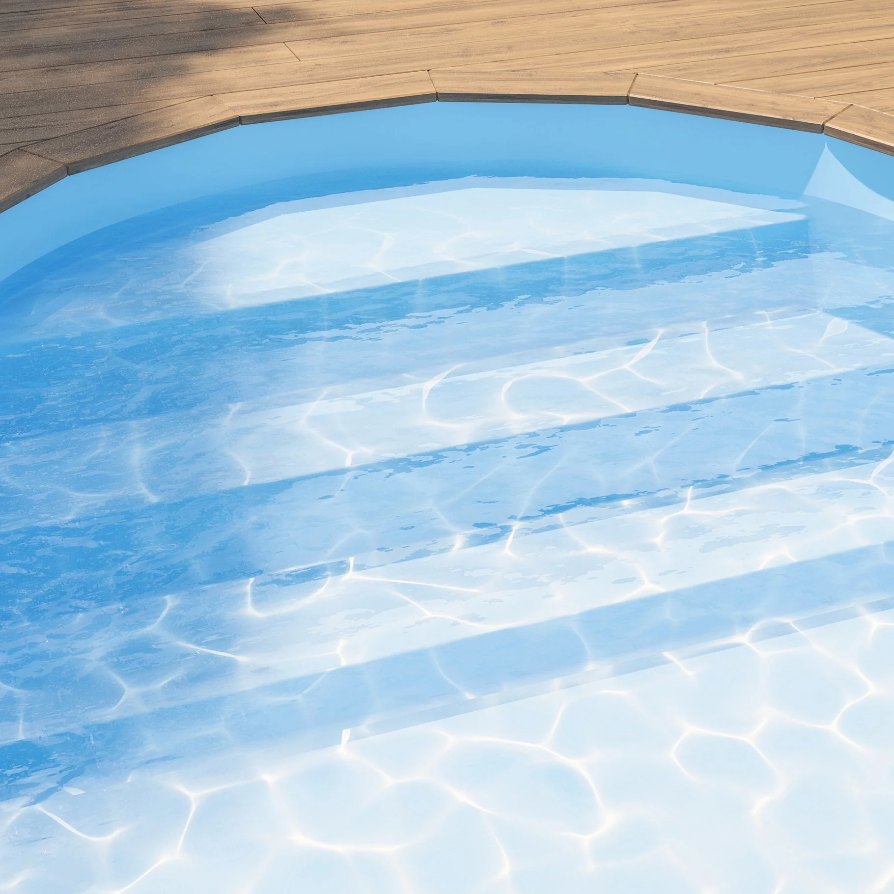 Vue d’ensemble d’une piscine arrondie avec membrane armée BWT Be BRANE Pureline Bleu clair, eau bleu doux bordée d’une terrasse en bois