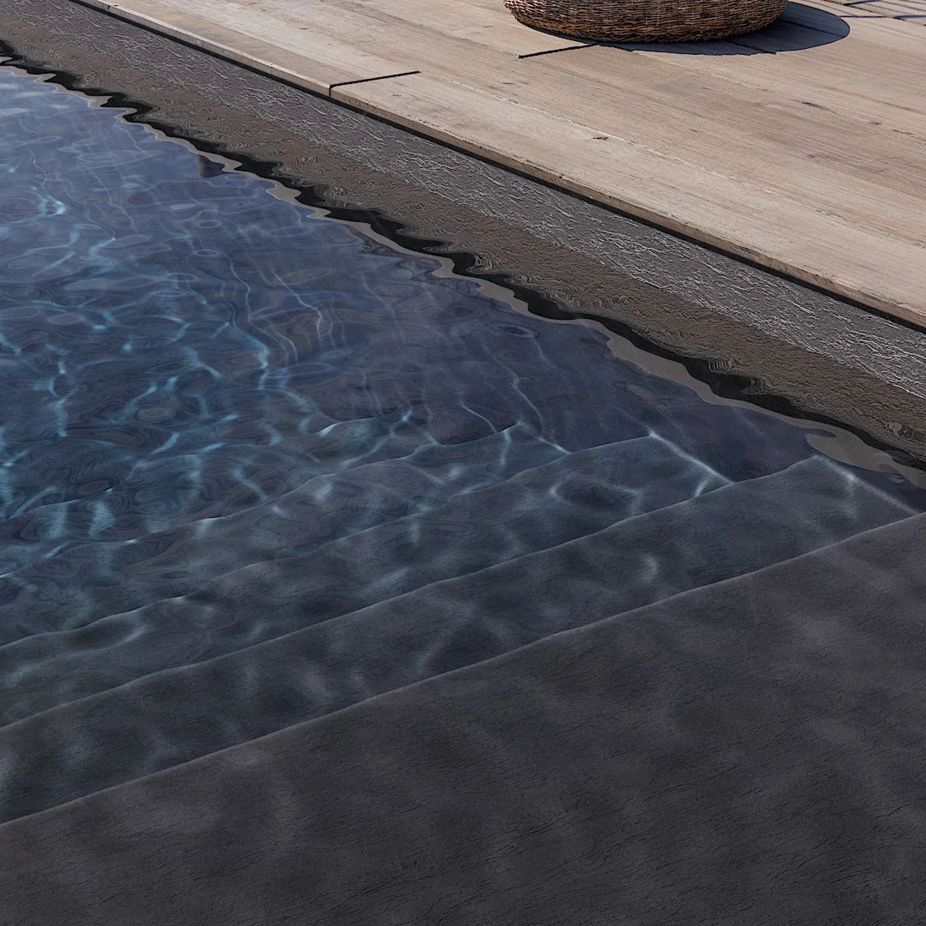 Marches de piscine avec membrane armée BWT Be BRANE Pureline Gris Anthracite, eau sombre à l’effet miroir marqué