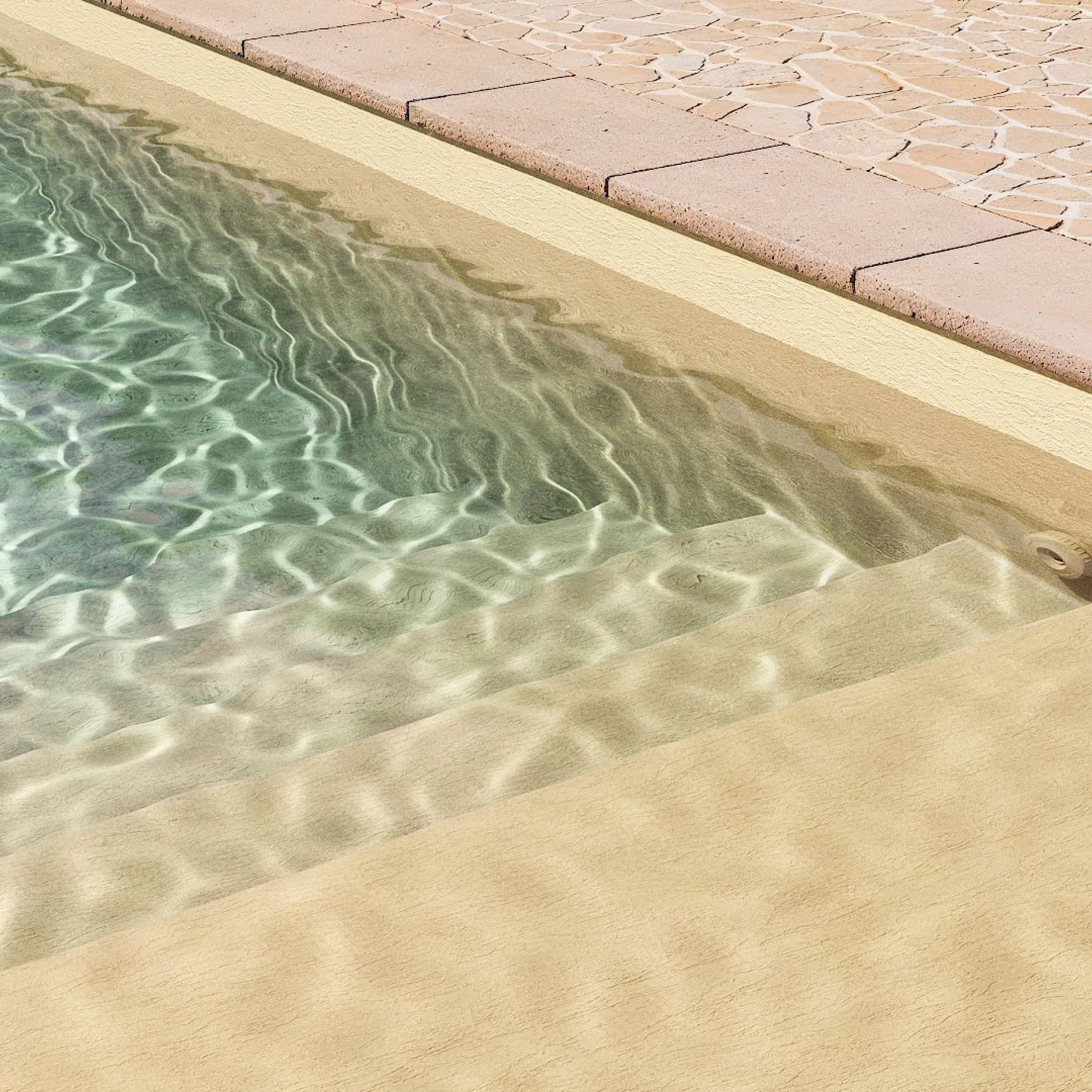 Marches de piscine avec membrane armée BWT Be BRANE Pureline Sable, eau vert-bleu claire sur une terrasse en pierre beige