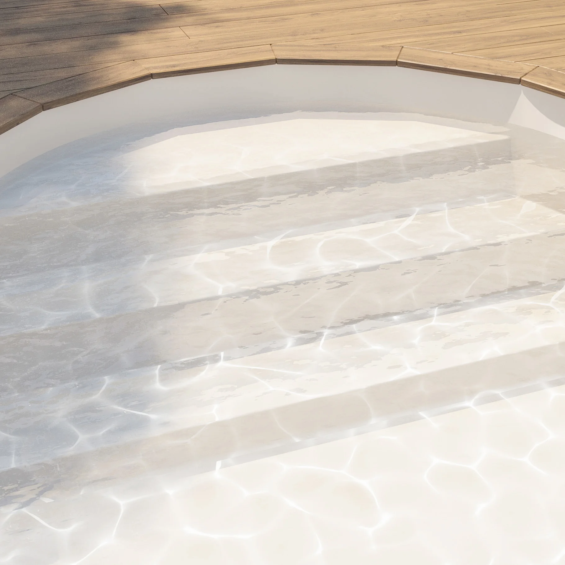 Vue d’ensemble d’une piscine arrondie avec membrane armée BWT Be BRANE Pureline Sable, eau claire aux reflets beige bordée d’une terrasse en bois